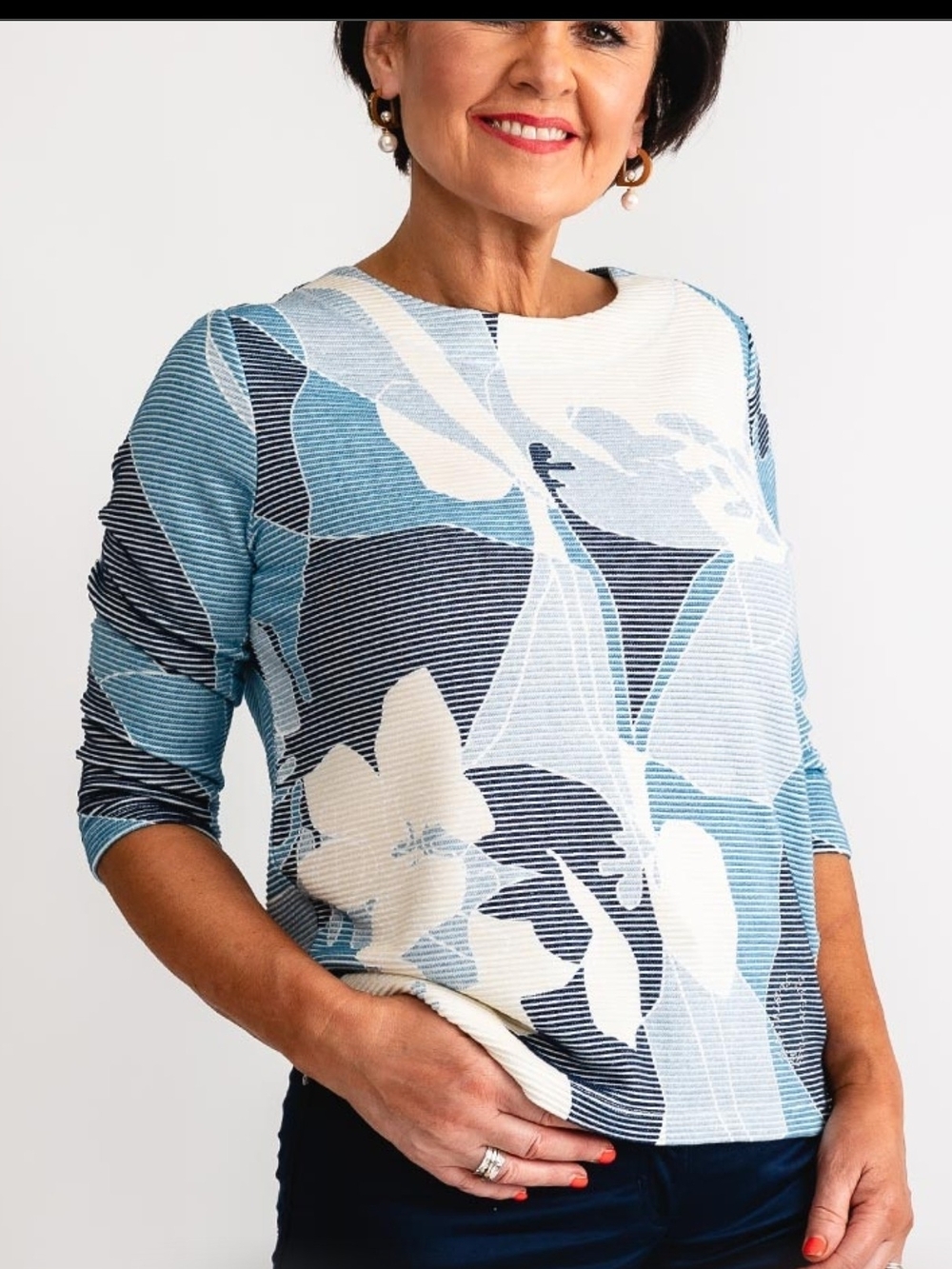 Blue & White Floral Long Sleeve Women's Top